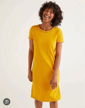 Boden Charlie Jersey Dress Womens 6 Tuscan Sun Yellow Pom Pom Short Sleeve